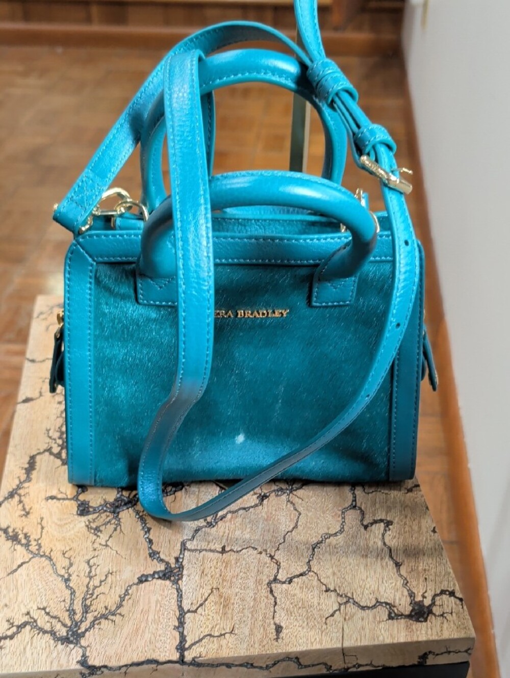 Vera Bradley Teal Blue Mini Satchel with Gold Hardware minor Stain On Front - Picture 12 of 13